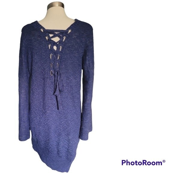 Democracy Blue Lace-up Bell Sleeve Asymmetrical/High-Low Sweater - XL - Picture 7 of 12